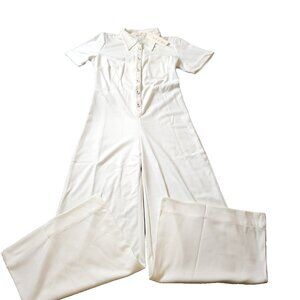 Suzie Kondi Womens Medium Ponte Jumpsuit Ivory Short Sleeve One PC Button Wide